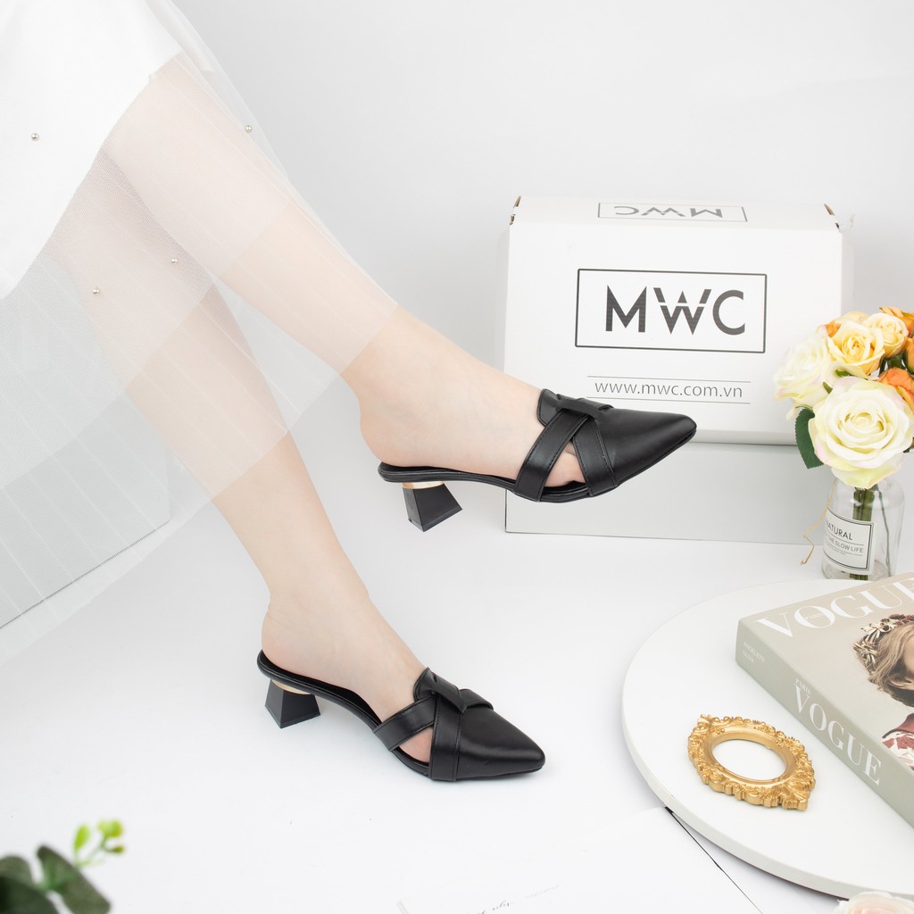 Giày Cao Gót Nữ MWC Mũi Nhọn Phối Nơ Màu Kem Đen NUCG-3969