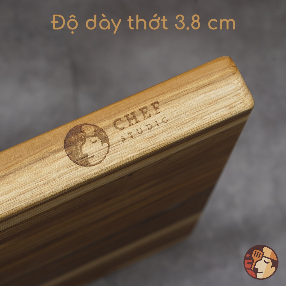 Thớt gỗ Teak Chef Studio cao cấp hình chữ nhật trơn, dày 3.8 cm dùng cho cắt thái, trang trí và băm chặt nhẹ