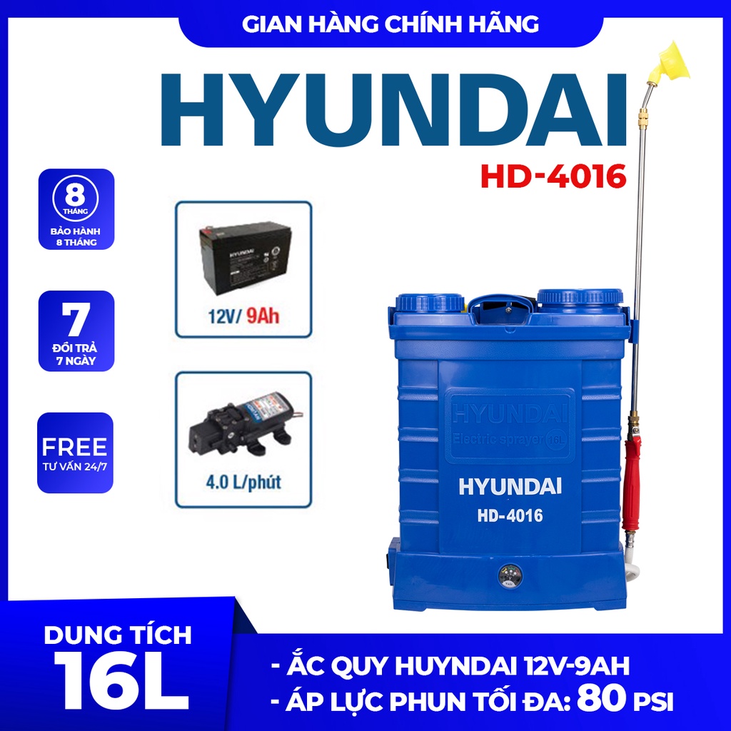 Bình phun thuốc trừ sâu bằng điện HYUNDAI HD-4016 | Dung tích 16L | Ắc quy 9AH | Áp lực phun 80PSI | Bảo hành 8 tháng