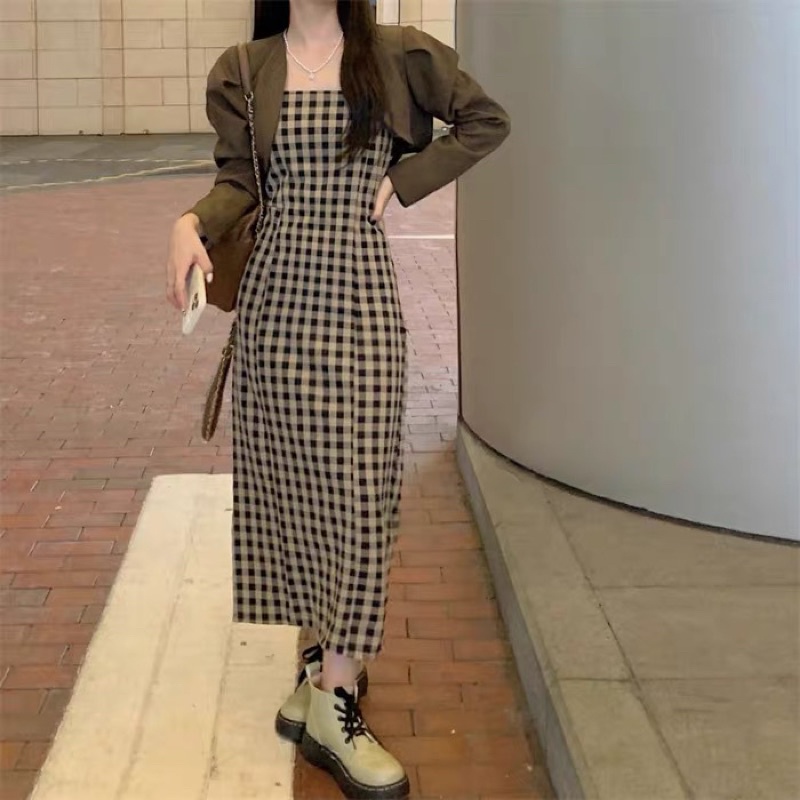 ĐẦM KẺ CARO DÁNG DÀI ULZZANG