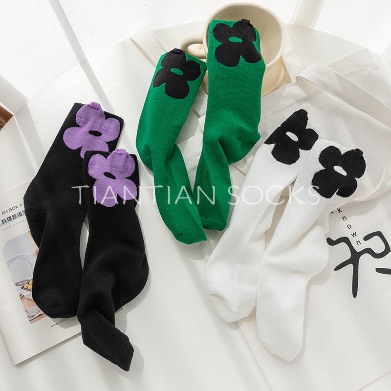 TIAN TIAN T137 Vớ Ống Dài Trung Bình Hình Hoa Nhỏ Ba Chiều Mùa Thu Đông Màu Đen/Xanh Lá Phong Cách Hàn Quốc Thời Trang Thu Đông Cho Nữ jk