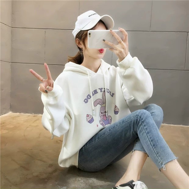 << Mại Dzô >> ÁO NỈ NỮ HOODIE CÓ MŨ NÓN PHỐI TAI THỎ DÀI DỄ THƯƠNG FREESIZE KN03