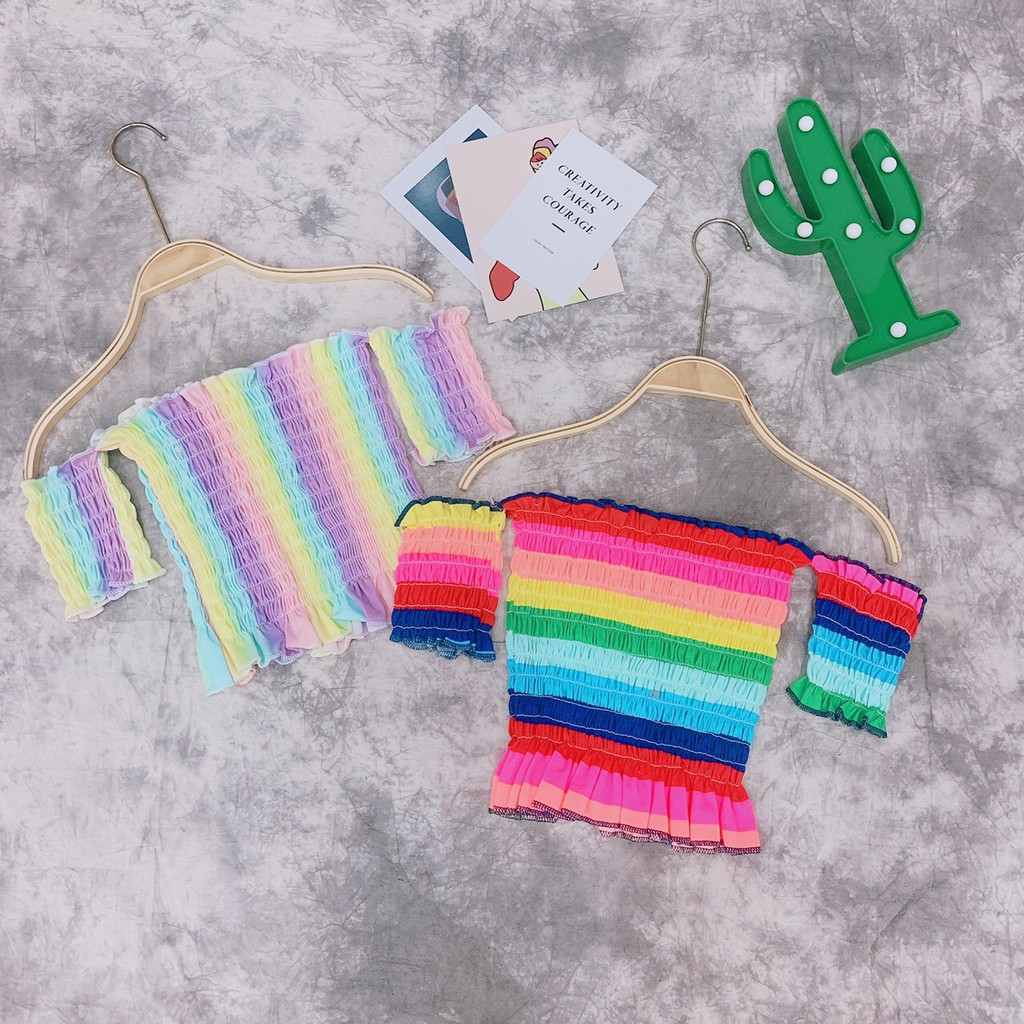 [HÌNH THẬT] ÁO THUN CROPTOP ÔM BODY NGẮN CO GIÃN - ÁO KIỂU CRT ULZANG NGẮN TAY BẸT TRỄ VAI CẦU VỒNG RAINBOW 98