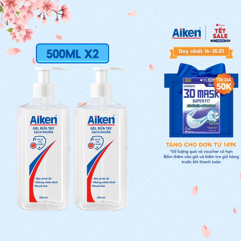 [Mã COSBDAG5 giảm 8% đơn 150k] Aiken Combo 2 Gel rửa tay Sạch khuẩn 500ml/chai Dạng vòi