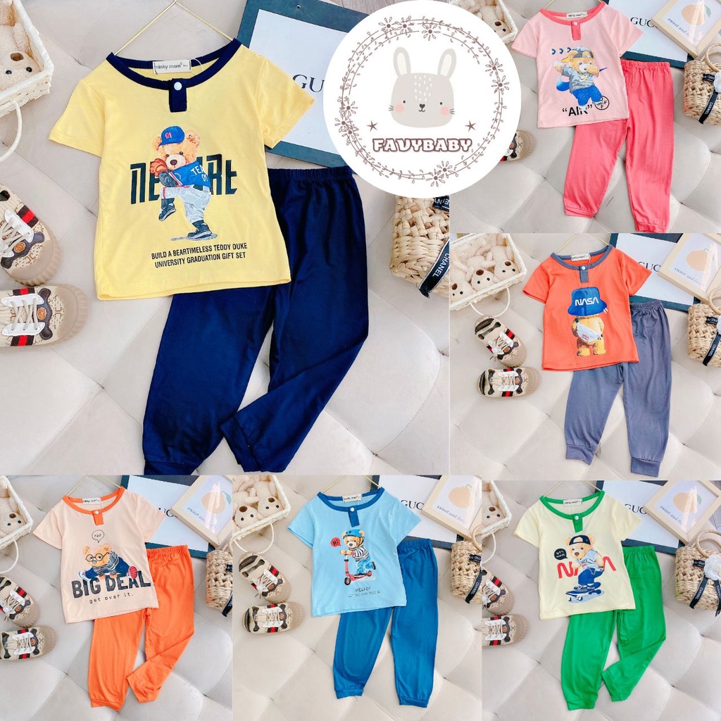 Bộ Áo Cộc Quần Dài MINKY MOM Chính Hãng Bé Trai Bé Gái Thun Lạnh Hình in Gấu Thể Thao Cho Bé 0 1 2 3 4 5 Tuổi - Favybaby