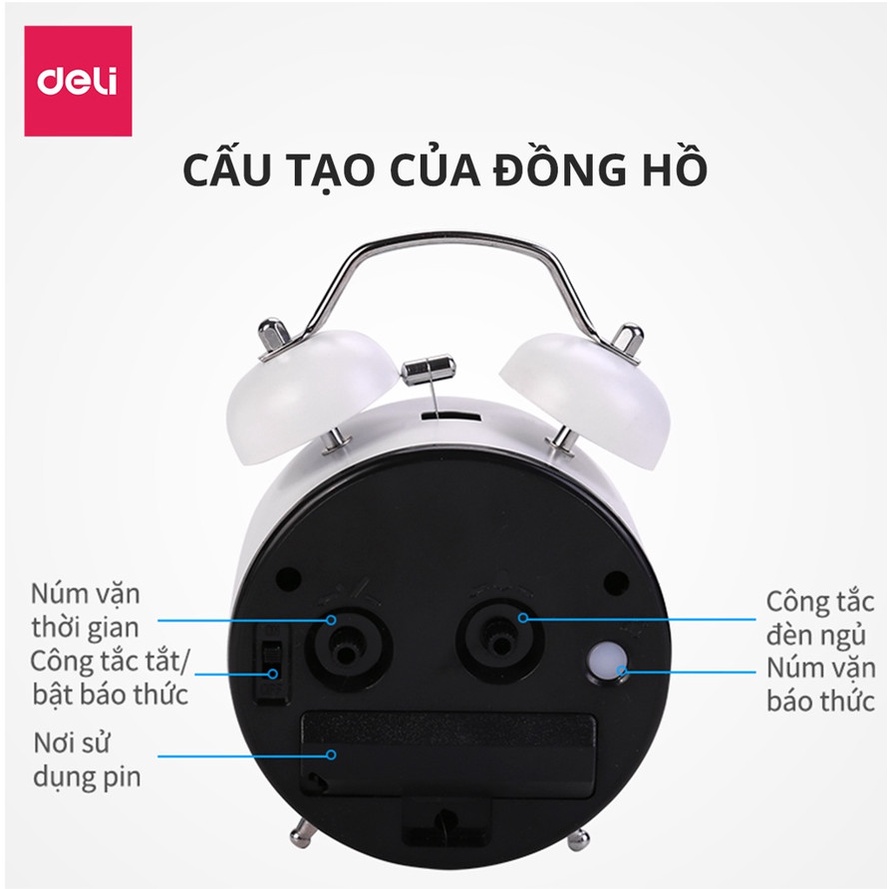 Đồng hồ báo thức Deli 8802 - Thân trắng mặt -Xanh dương/Xanh lá/ Hồng, tích hợp đèn ngủ, kim dạ quang-vpp Diệp Lạc sỉ lẻ