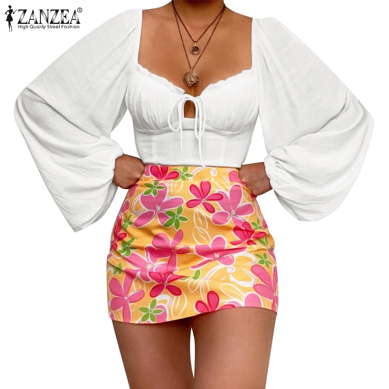 Áo kiểu ZANZEA cổ vuông tay dài lưng thun phối dây rút thời trang dành cho nữ