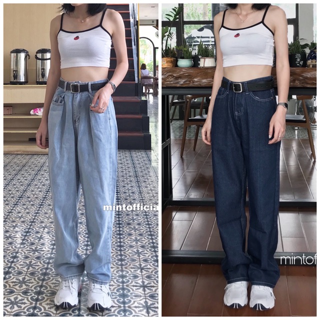 Quần jeans suông xanh hack dáng