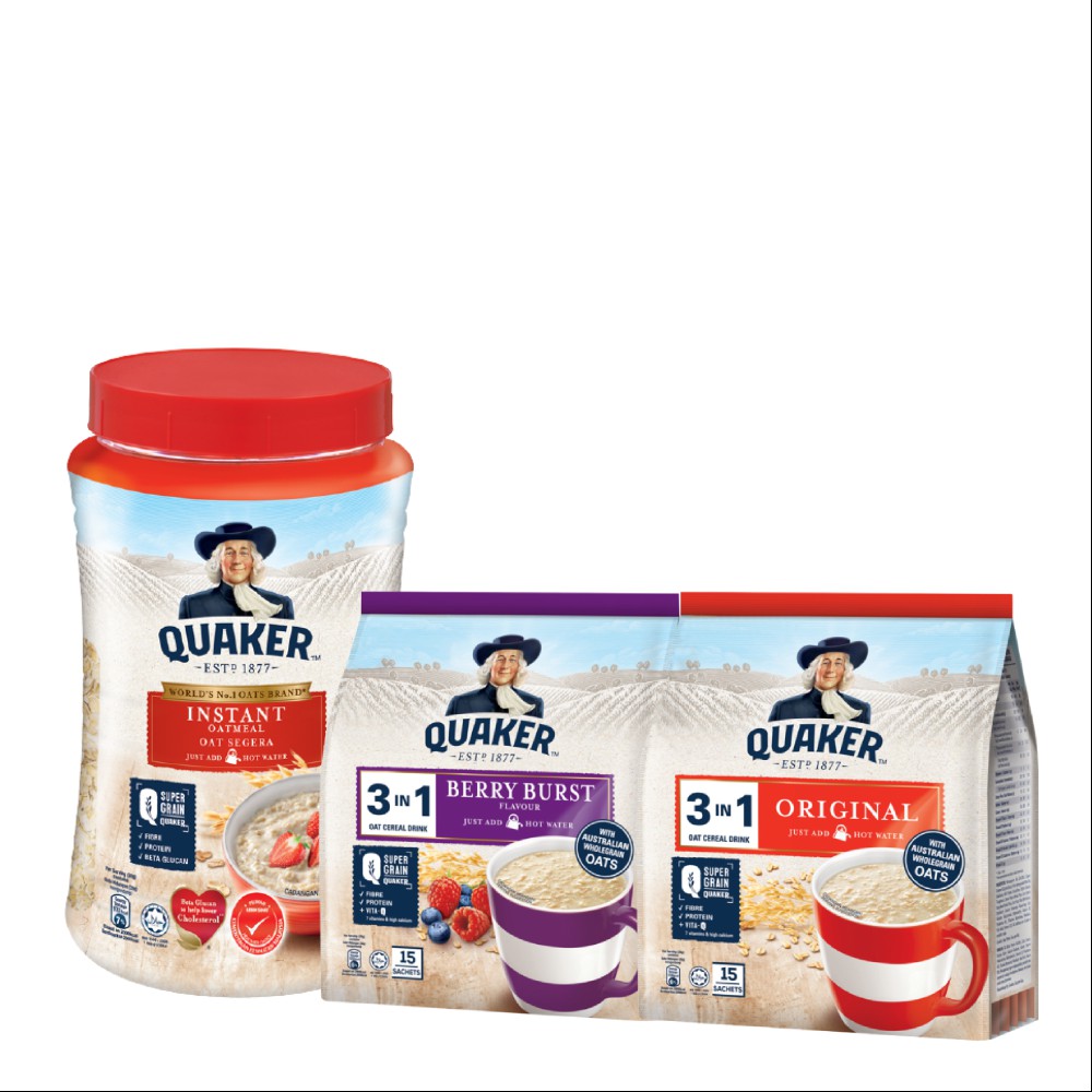 Combo Yến mạch Quaker Hũ 600g và Thức Uống Yến Mạch Quaker 3in1 Berry 450G, Truyền Thống 420G