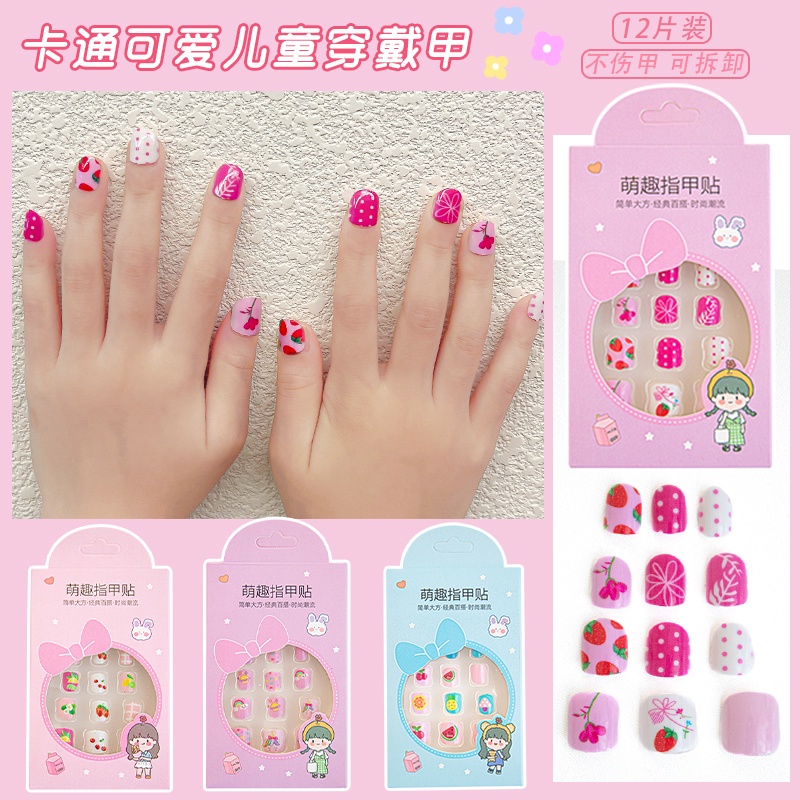 Miếng Dán Móng Tay Giả Màu Kẹo Ngọt Họa Tiết Hoạt Hình Dễ Tháo Rời Có Thể Tái Sử Dụng Cho Bé Gái