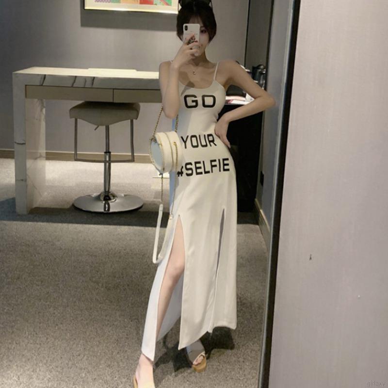 Đầm Nữ Hai Dây Dáng Ôm Xẻ Tà In Chữ Hợp Thời Trang