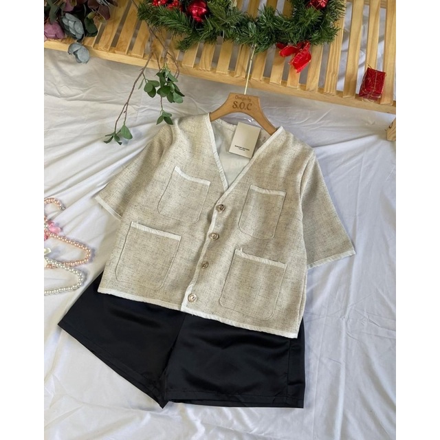 Set áo dạ phối chân váy đen sang trọng tiểu thư
