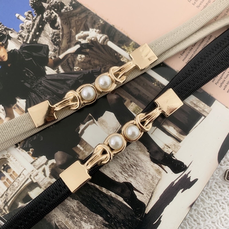 Dây thắt lưng belt chun hạt ngọc bản mỏng khóa kim loại