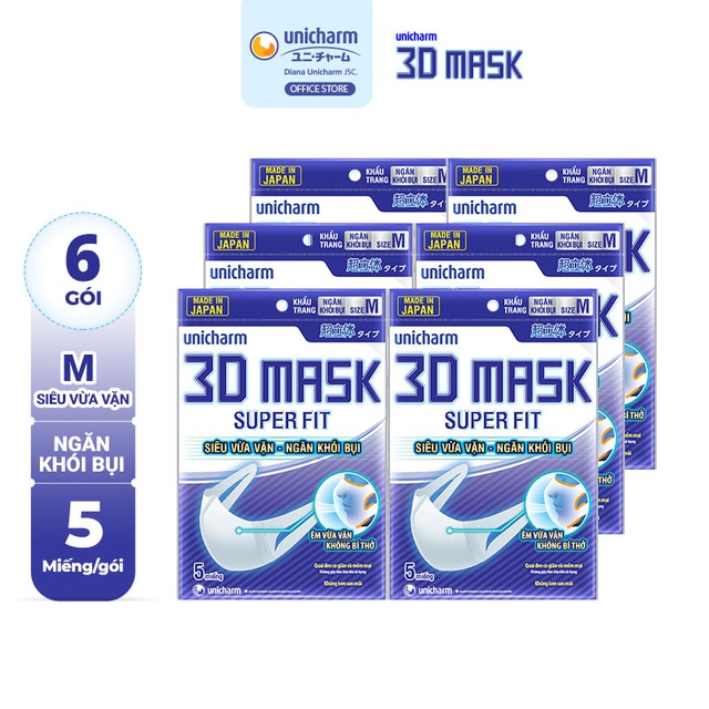 Bộ 6 gói Khẩu trang ngăn khói bụi Unicharm 3D Mask Super Fit (5 cái/gói)