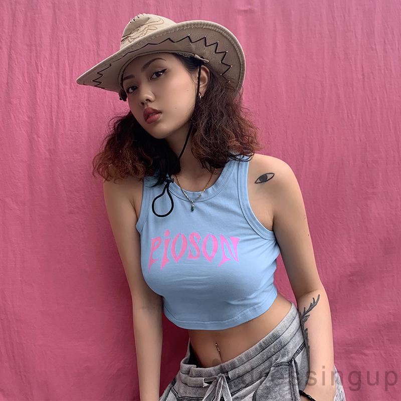 Áo Thun Sát Nách Cổ Tròn Dáng Ôm In Chữ Cá Tính Cho Nữ