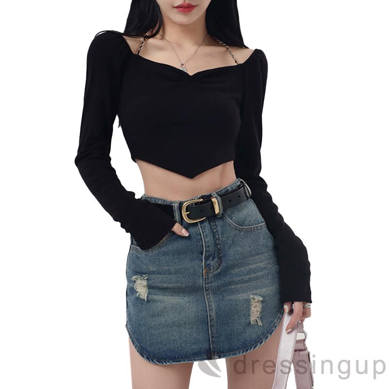 DRE-Women´s T-Shirt,Chain Halter Shoulder Cutout Long Sleeve Irregular Hem Slim Fit T-Shirt