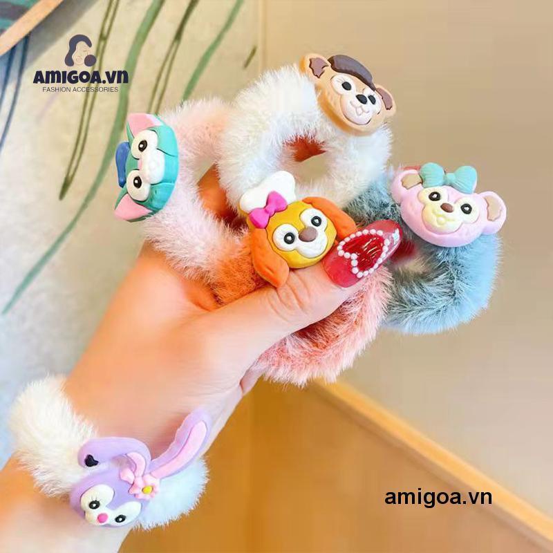Dây Cột Tóc Cao Su Phối Lông Nhung Họa Tiết Hoạt Hình Đáng Yêu Cho Bé