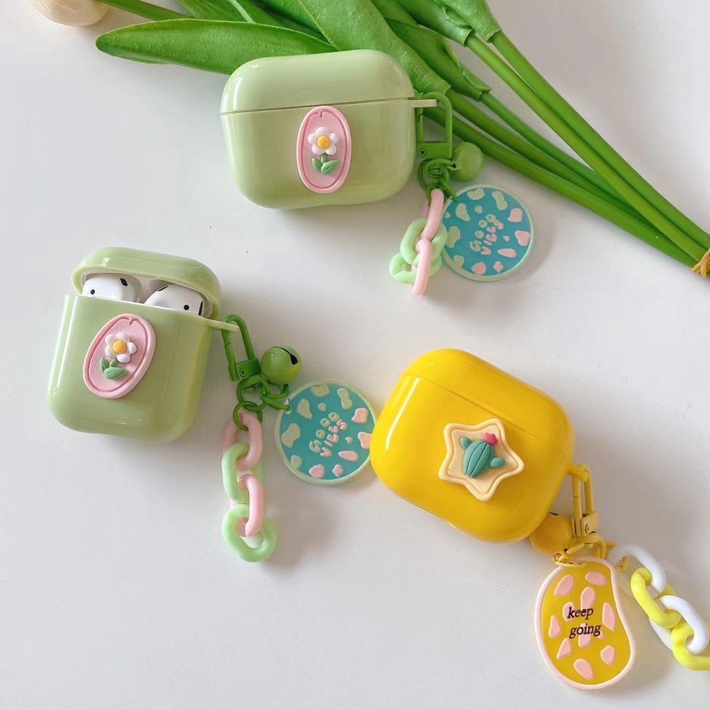 Vỏ Bảo Vệ Hộp Sạc Tai Nghe airpods 1 2 pro Bằng tpu Mềm Hình Hoa Phối Dây Xích Màu Xanh Lá
