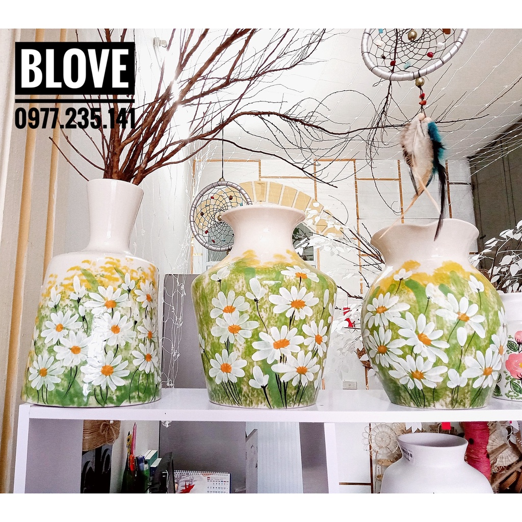 Quà tặng cao cấp,Bình hoa cúc vẽ tay thủ công , Gốm sứ bát tràng tráng men lạnh, Trang trí nhà cửa,decor