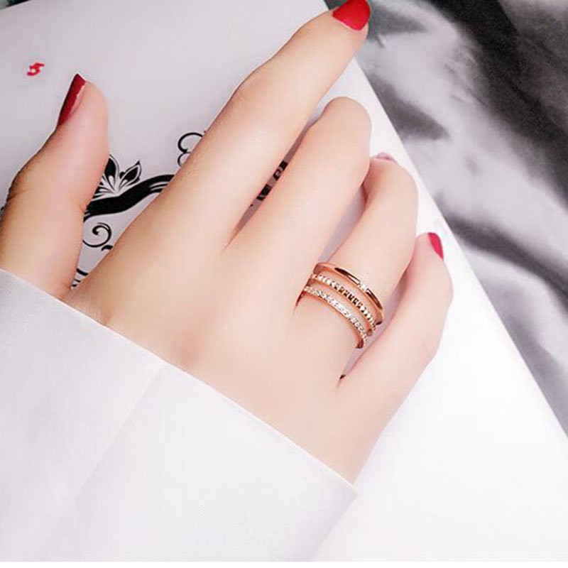 Nhẫn đeo tay/đeo khớp ba lớp bằng thép titan mạ vàng hồng thiết kế rỗng không dị ứng chống nước kiểu Hàn Quốc cho nữ