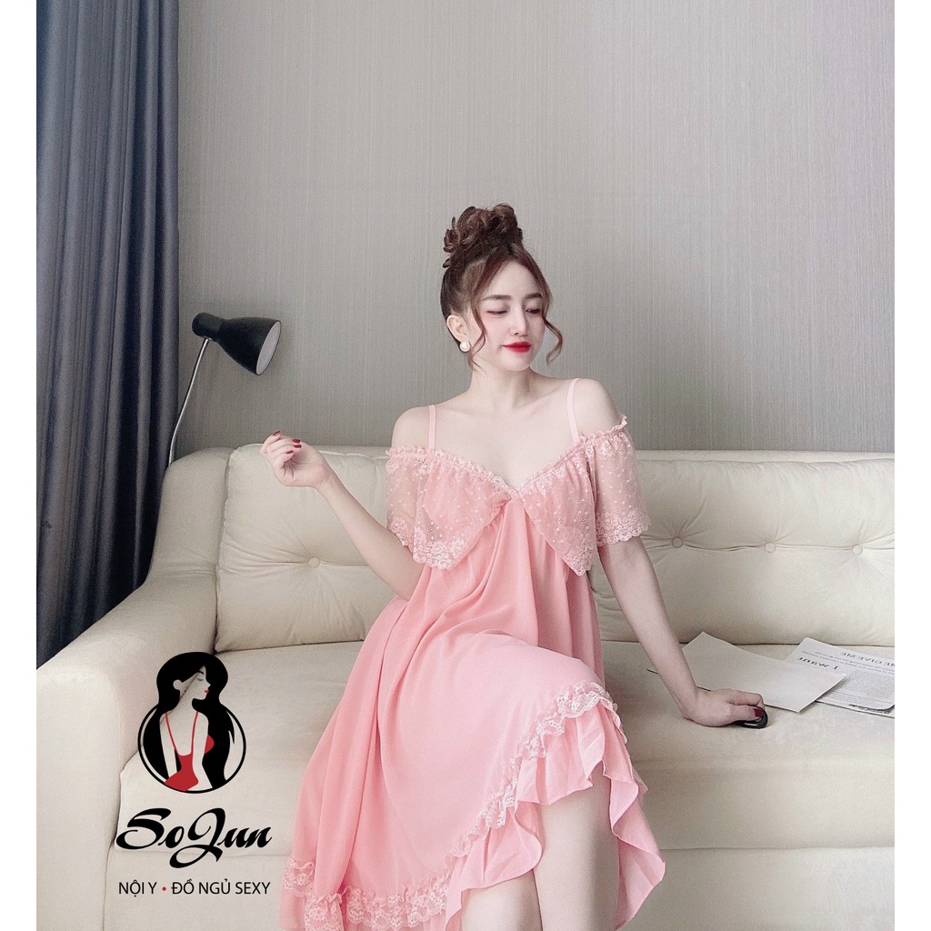 Váy ngủ sexy nữ SOJUN Váy ngủ chiffon bẹt vai + quần &lt;70kg