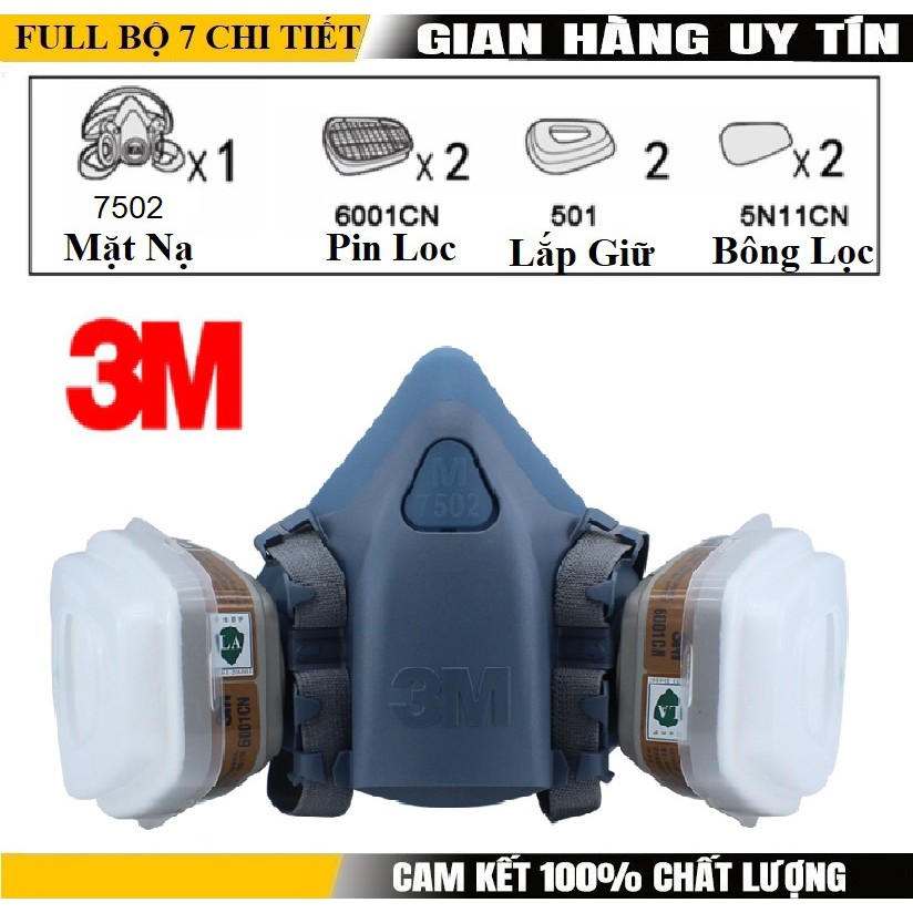 Mặt nạ phòng độc 3M6200 7 chi tiết gồm , mặt nạ chống độc, mặt nạ phun sơn, chống khí độc khói bụi