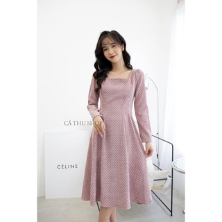 Váy nhung tăm chấm bi cổ vuông