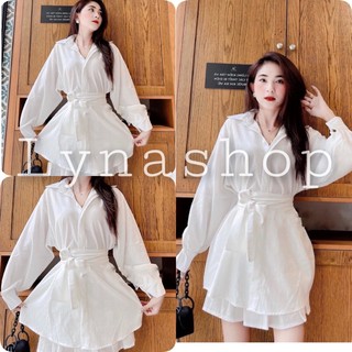 Set đồ nữ🍉FREESHIP🍉 váy đũi, Bộ Váy Sơ Mi Trắng Dây Eo Chất Đũi Dài Tay Kèm Quần, bộ đồ sang chảnh cho chị em đi chơiiii