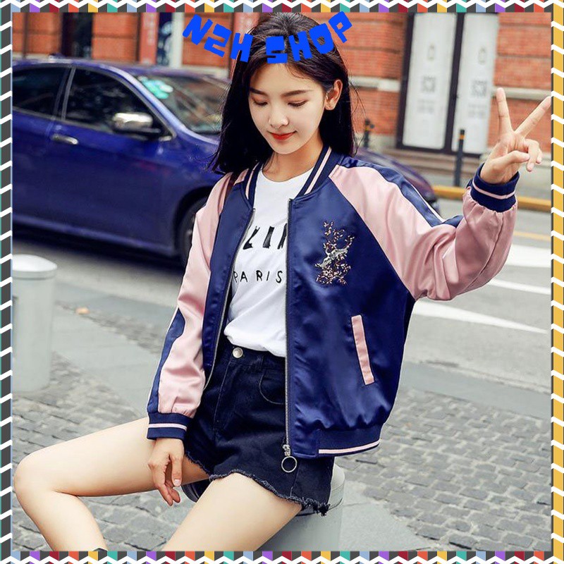 Áo Khoác Dù Bomber 2 Lớp Nam Nữ Dây Kéo Thêu Hoa Anh Đào Thời Trang Unisex 2021-N2H Shop