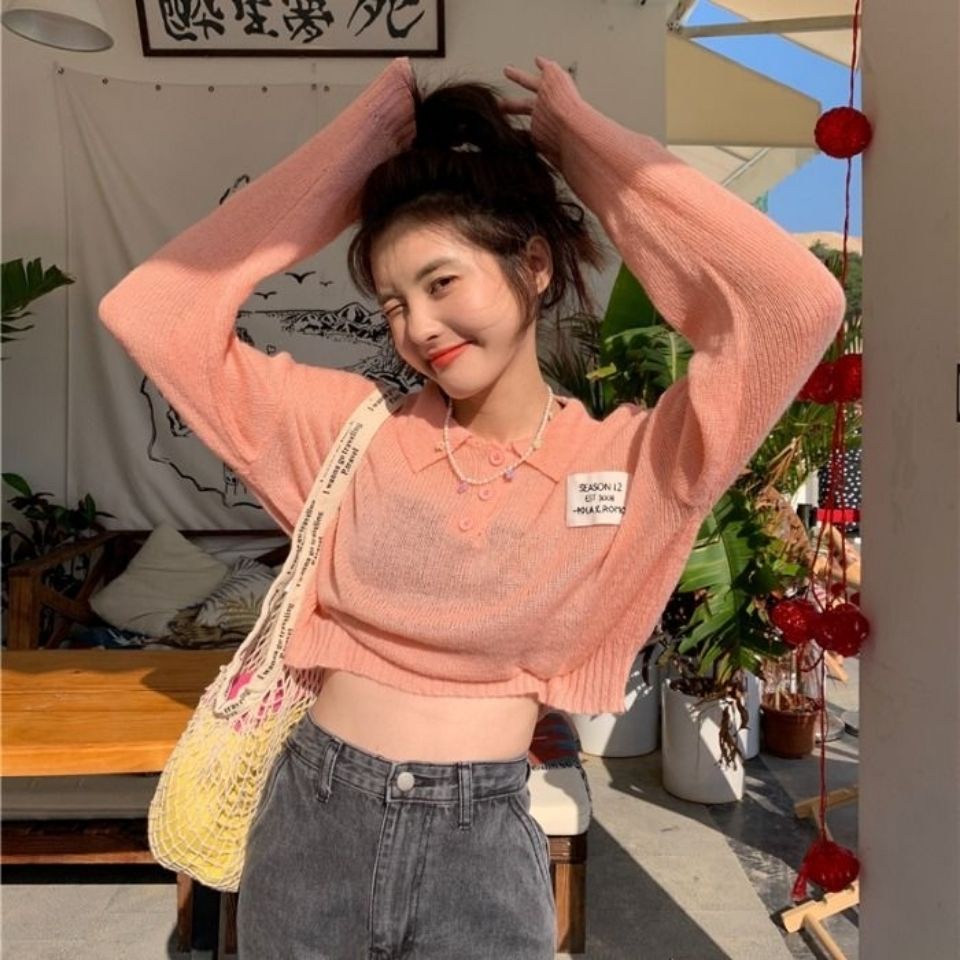 Áo thun Polo dệt kim mỏng tay dài dáng rộng cổ Polo thời trang mùa hè Hàn Quốc mới cho nữ