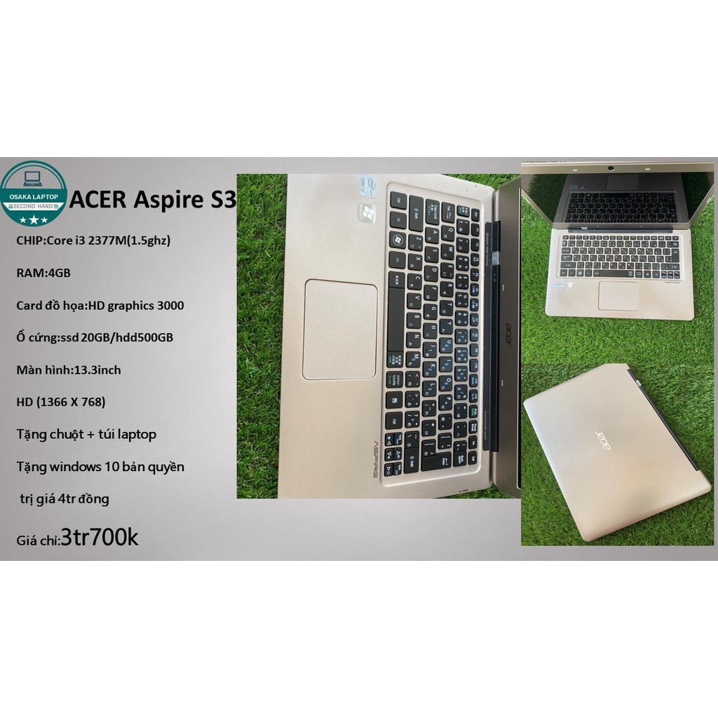 Laptop cũ Acer Aspire s3 Core i3-2377, Ram4G, HDD 500GB, 13.3 inch (like new 99%)