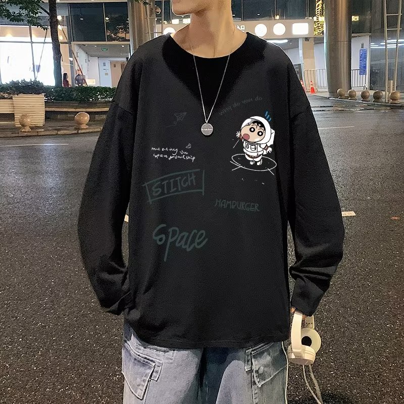 Áo Thun Tay Dài Cổ Tròn Dáng Rộng In Họa Tiết Hoạt Hình Phong Cách Hip Hop Hàn Quốc Thời Trang Cho Nam Size M-5XL