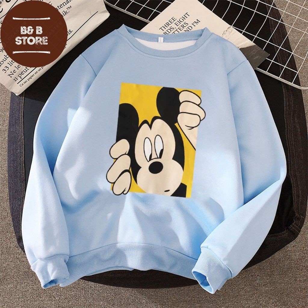 [ STYLE_HÀN ] ÁO SWEATER NỈ UNISEX IN CHUỘT SIÊU DỄ THƯƠNG ÁO FORM RỘNG NAM NỮ HAI MÀU TRẮNG XANH