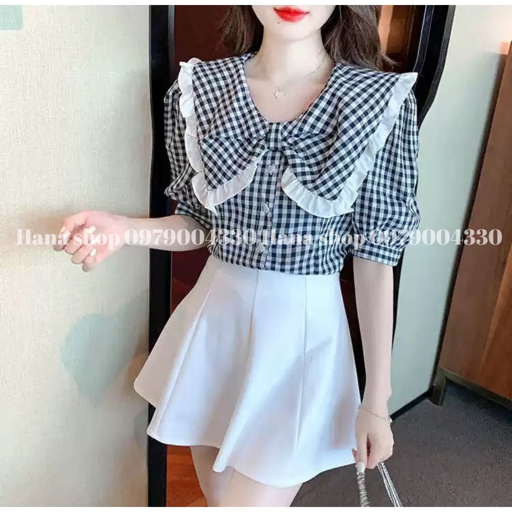 Áo sơ mi caro cổ bèo búp bê tay ngắn