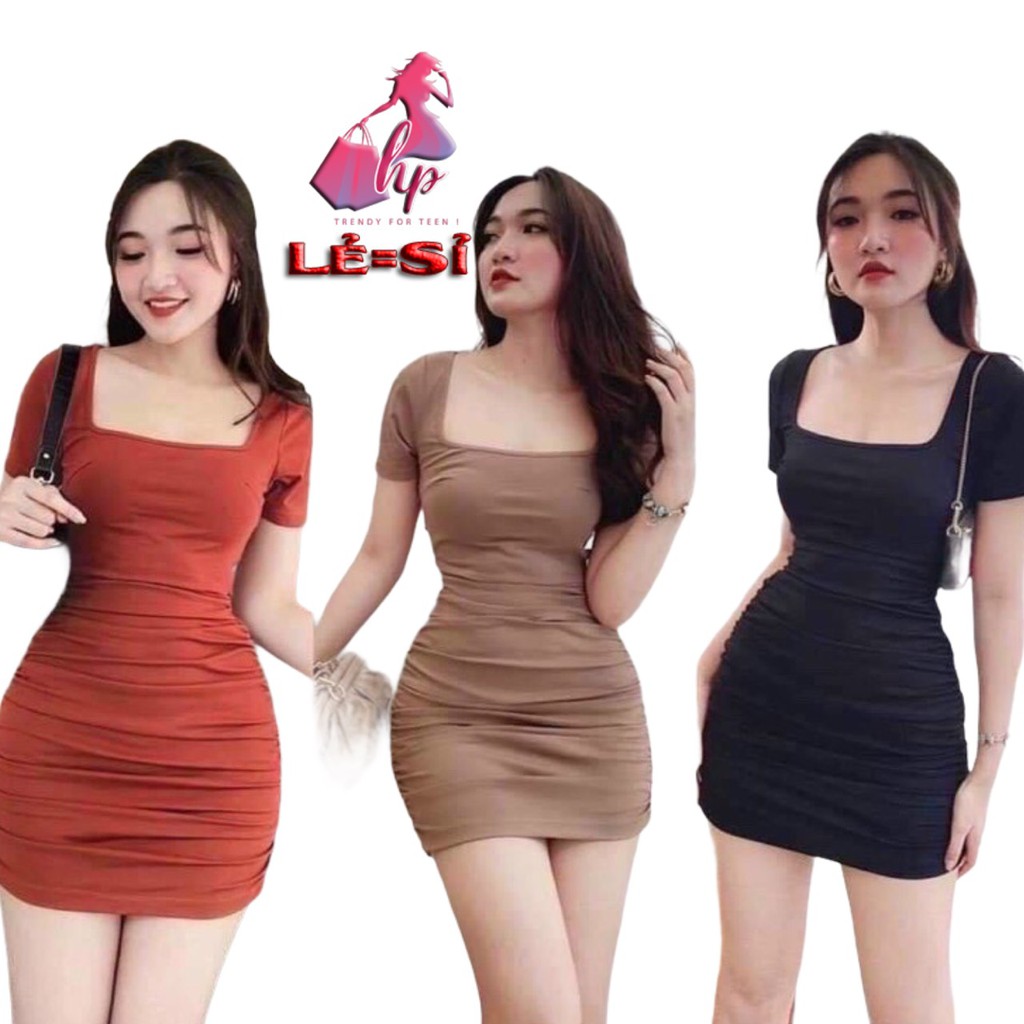 Váy đầm nữ ôm body ngắn tay cổ vuông nhún eo dự tiệc mẫu dễ thương mới nhất 2021