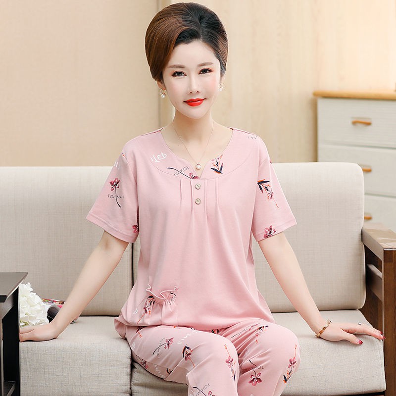 Đồ ngủ & Đồ mặc nhà✕✿►Đồ ngủ bà mẹ trung niên quần dài cotton mùa hè ngắn tay cho người và già size lớn phù h