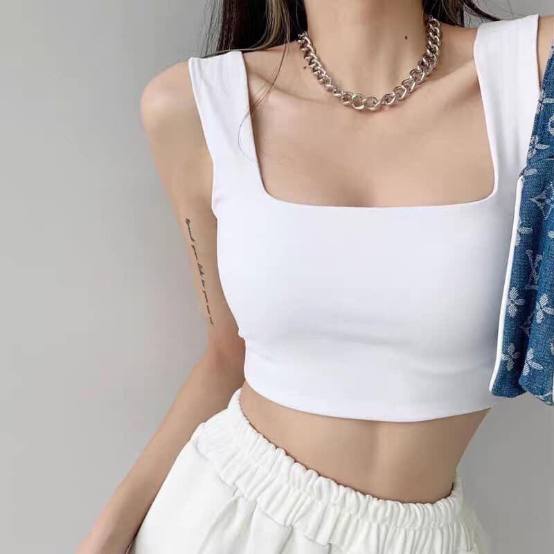 Áo croptop hai dây bản to cổ vuông, áo ba lỗ sát nách cổ vuông chất cotton bo zip co dãn Vati