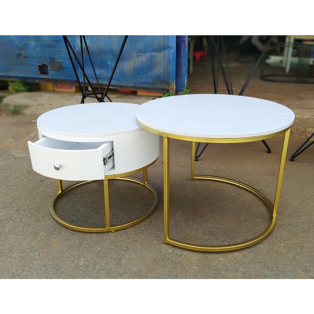 Bộ 2 bàn trà, Sofa mặt đá trắng vân mây khung sắt sơn tĩnh điện
