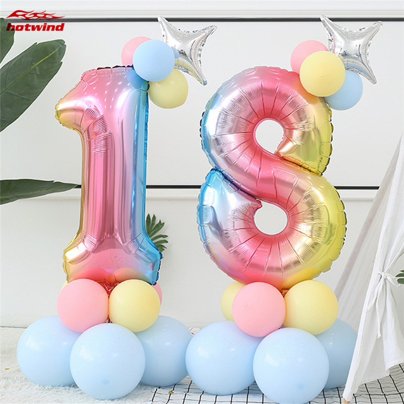 HW 32 Inch Foil Birthday Balloons Air Helium Number Balloon Happy Birthday Party Decoration Rainbow Figures Balloon
