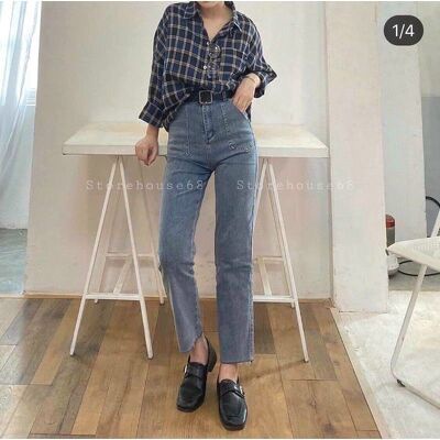 Quần Jeans ống xuông 2 túi tà cắt gấu