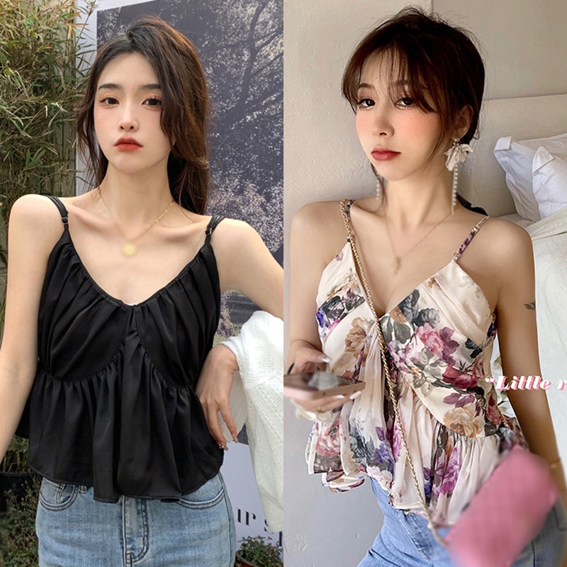 Áo Hai Dây Xếp Ly Cổ Chữ V Phong Cách Hàn Quốc Thời Trang Cho Nữ