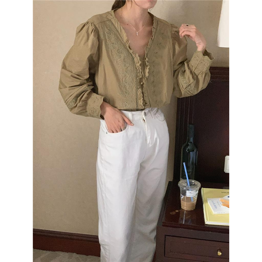 Áo Sơ Mi Dài Tay Cổ Chữ V Thêu Họa Tiết Cổ Điển 56437