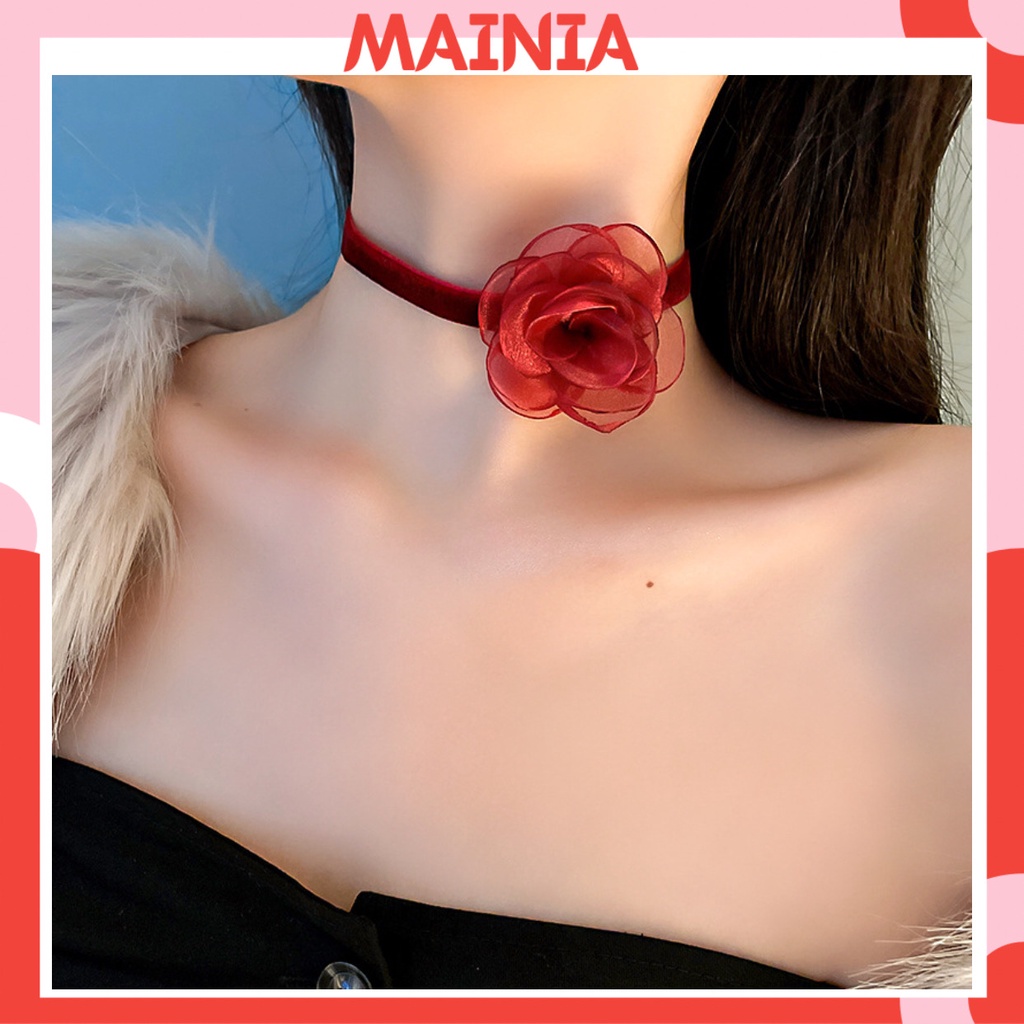 Choker Vòng Cổ Dây Nhung Đính Hoa Hồng Màu Đỏ Đen Siêu Xinh Mainia Shop
