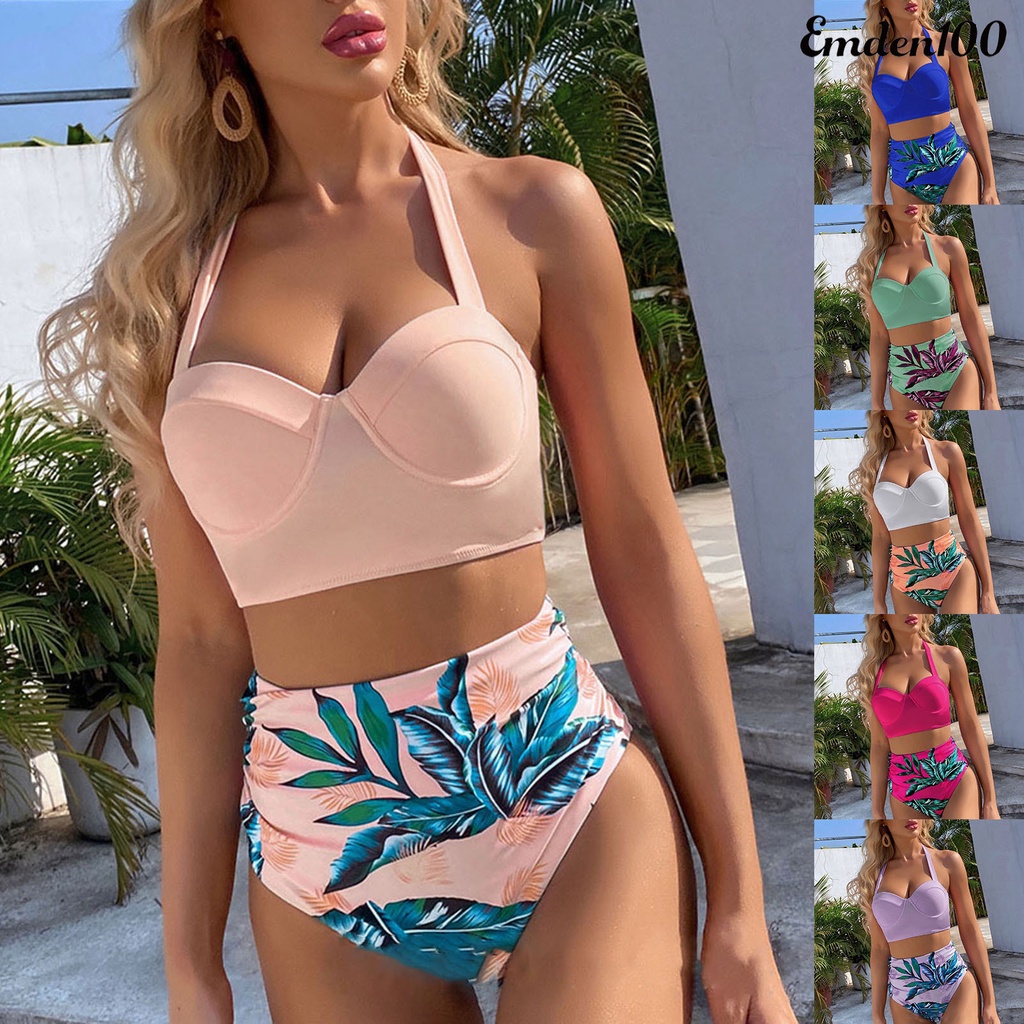 Bộ Bikini 2 Mảnh Hở Lưng Ôm Dáng In Họa Tiết Lá Cây Có Dây Cột