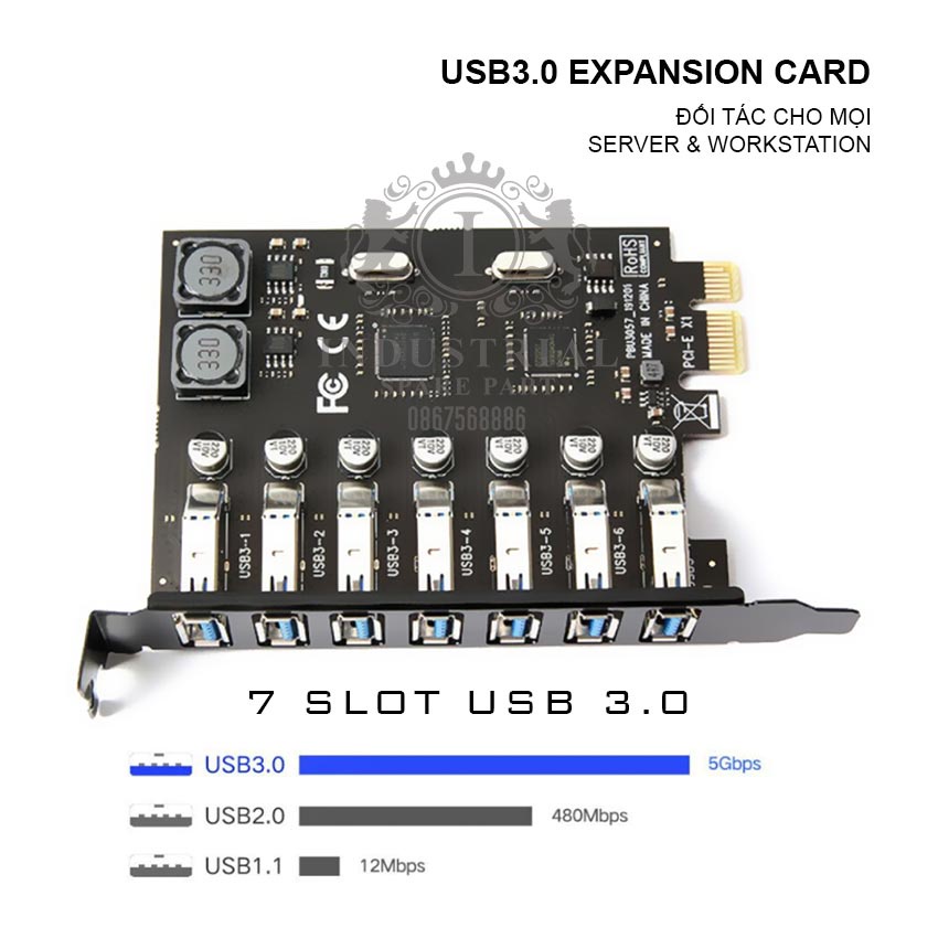 Card chuyển đổi PCI-E sang USB 3.0 (7 cổng). PCI-E to USB cho máy trạm Workstation và máy chủ. Hàng chính hãng nhập khẩu