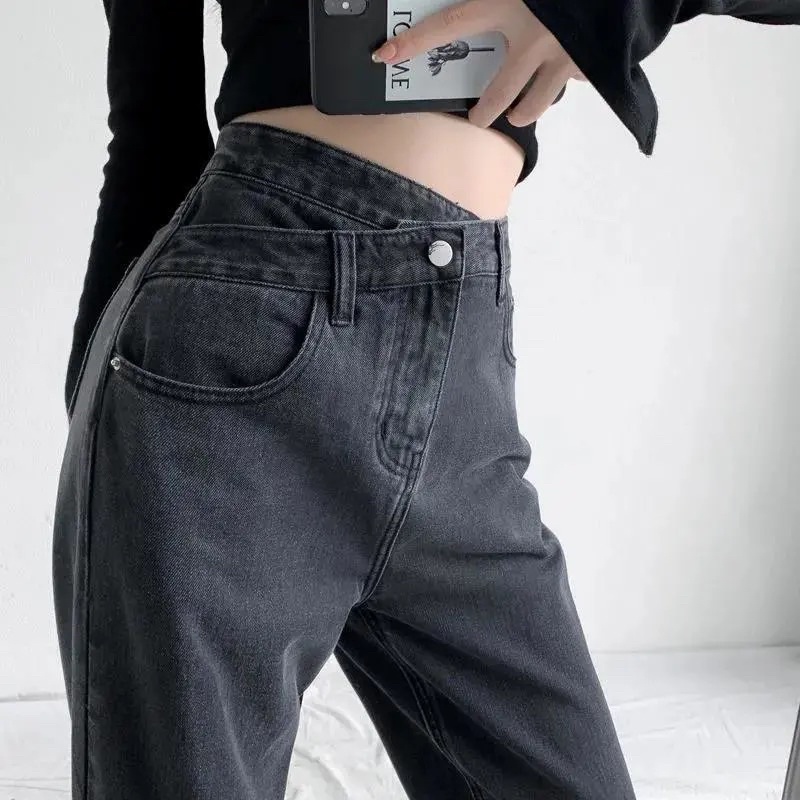 Quần Jean Nữ Cạp Lệch Màu Đen Khói Ống Suông Dài Lưng Cao Phong Cách Ulzzang Chất Liệu Jeans Loại 1 Dày Mặc Hàng Ngày