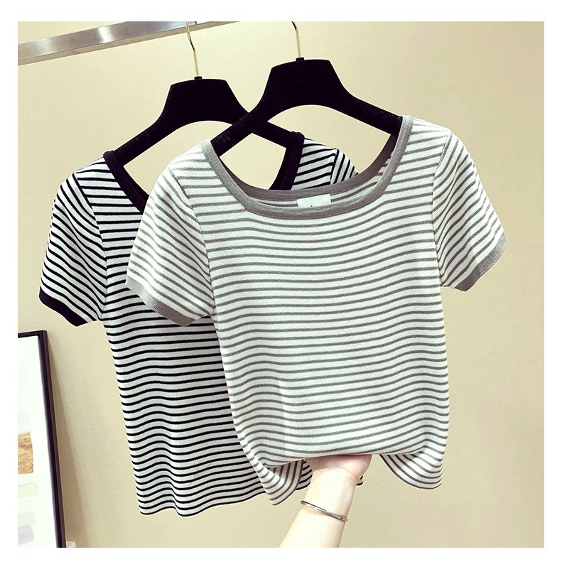 SUXI Áo Thun Dệt Kim Tay Ngắn Cổ Tròn Kẻ Sọc Trẻ Trung Hợp Thời Trang