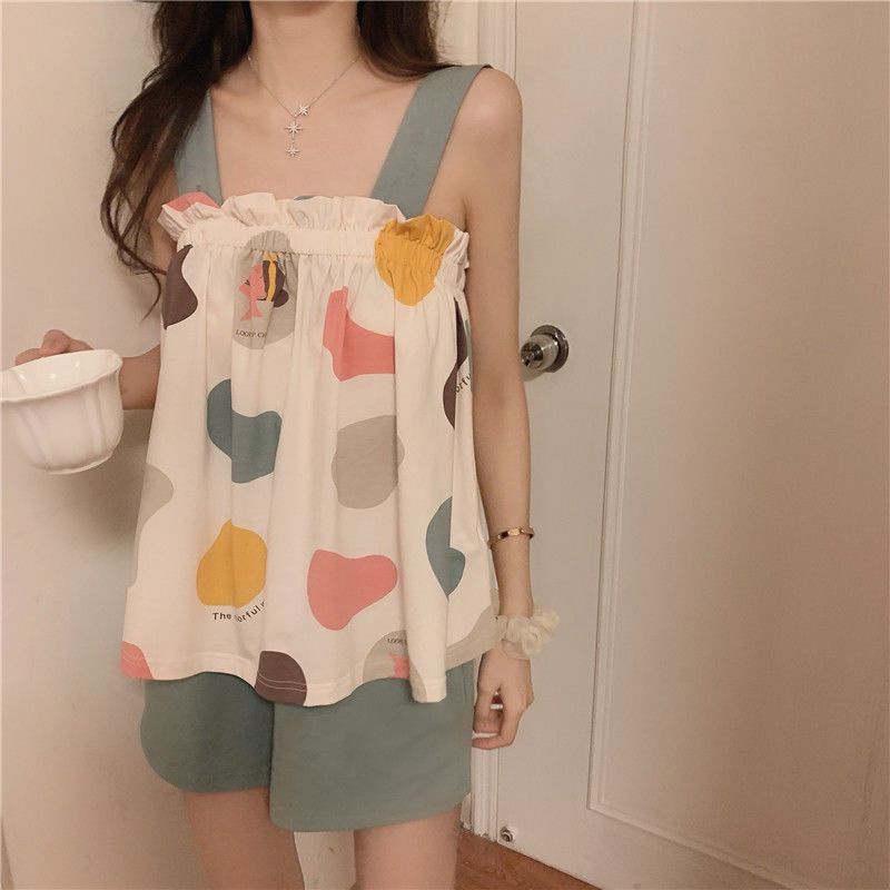 Bộ Đồ Ngủ Áo Hai Dây Phối Quần Short Dáng Rộng Cỡ Lớn Thời Trang Dễ Thương Cho Nữ