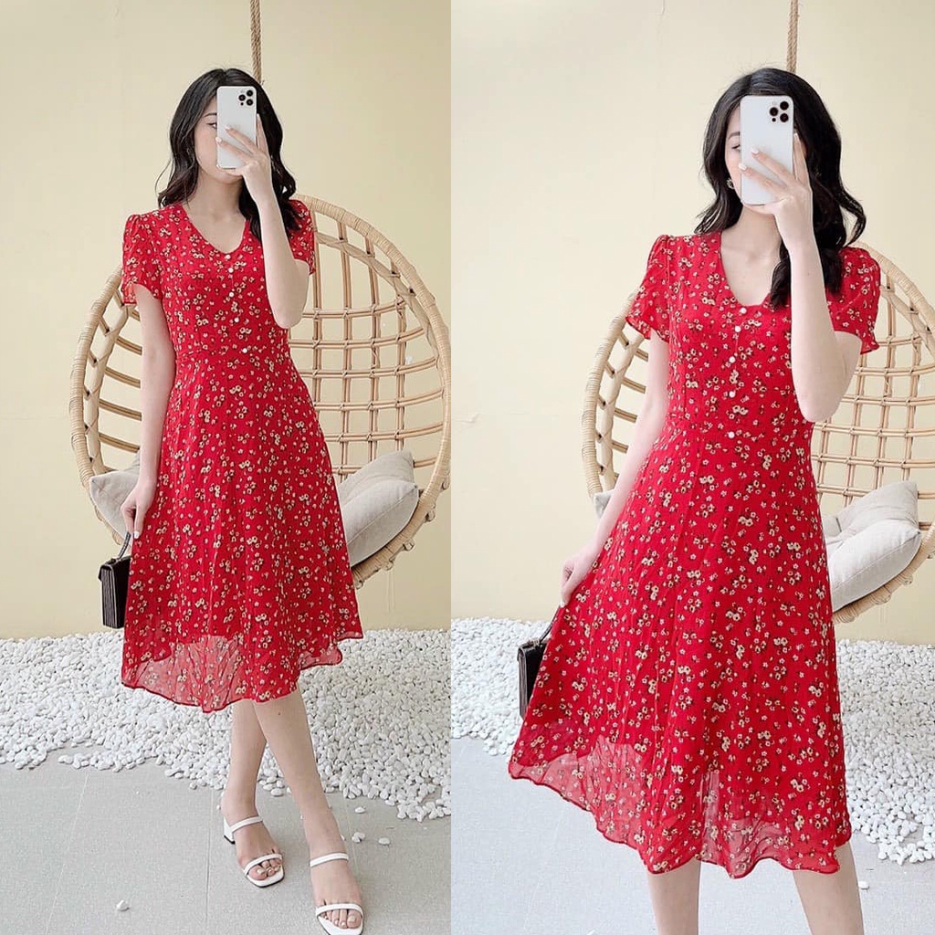 Váy thiết kế hoa đỏ cổ V