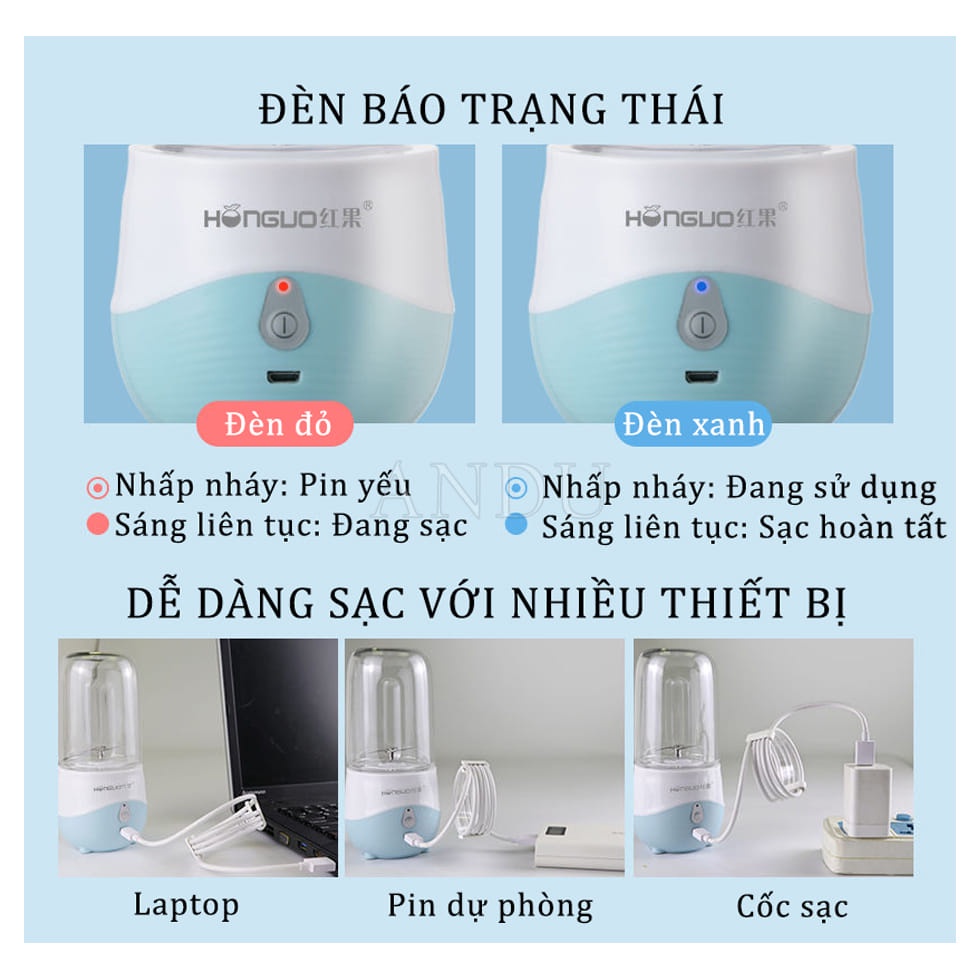 Máy Ép Trái Cây Honguo Sạc Pin Dung Tích 300ml , Máy Xay Sinh Tố Mini Cao Cấp